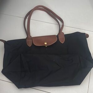 Longchamp Black and Brown Tote Bag with Leather Accents